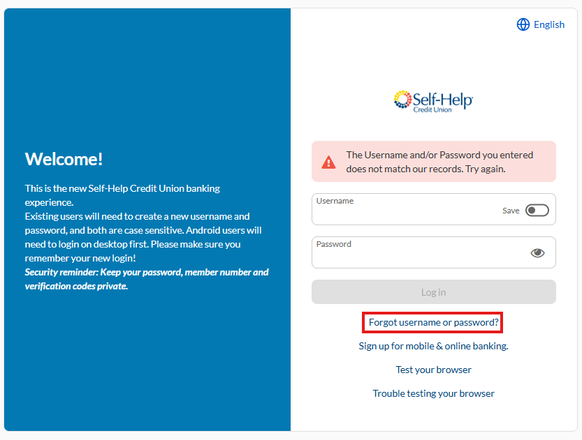 Second login screen with the Forgot username or password link circled (do not click)
