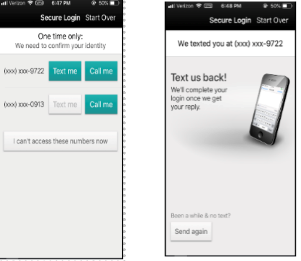 Mobile app screens for confirming your identity by text or call