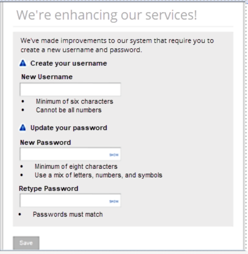 Screen for creating a new username and password