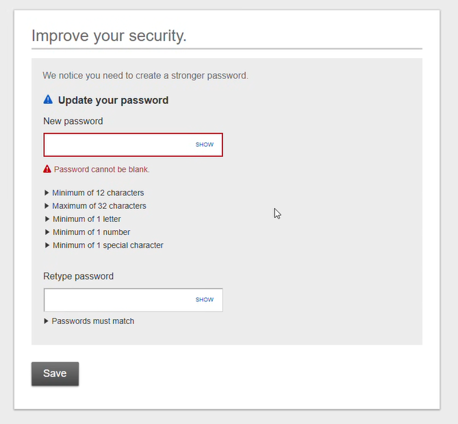 Improve your security screen for creating a new password