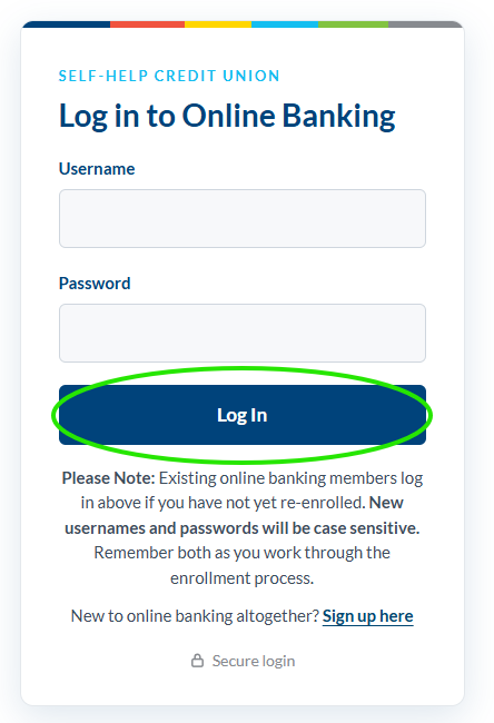 Online banking login screen with the Log in button circled (correct step)