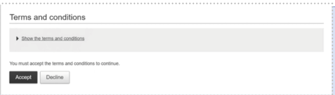Terms and Conditions screen with Accept and Decline buttons