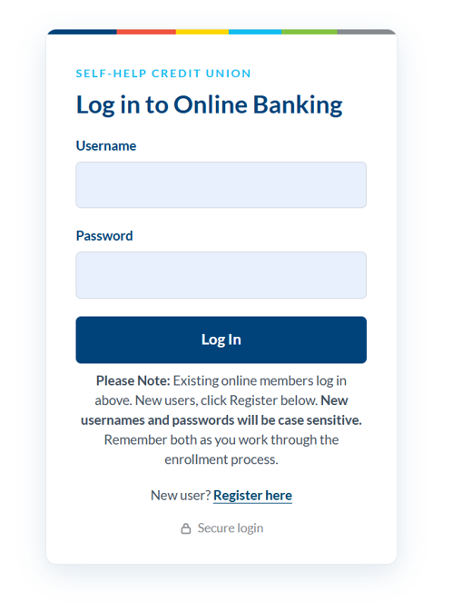 Log in to Online Banking screen with username and password fields