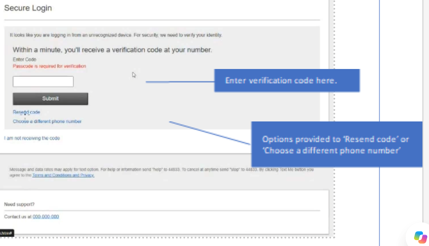 Screen for entering the verification code