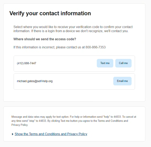 Verify your contact information screen with Text me, Call me, and Email me options