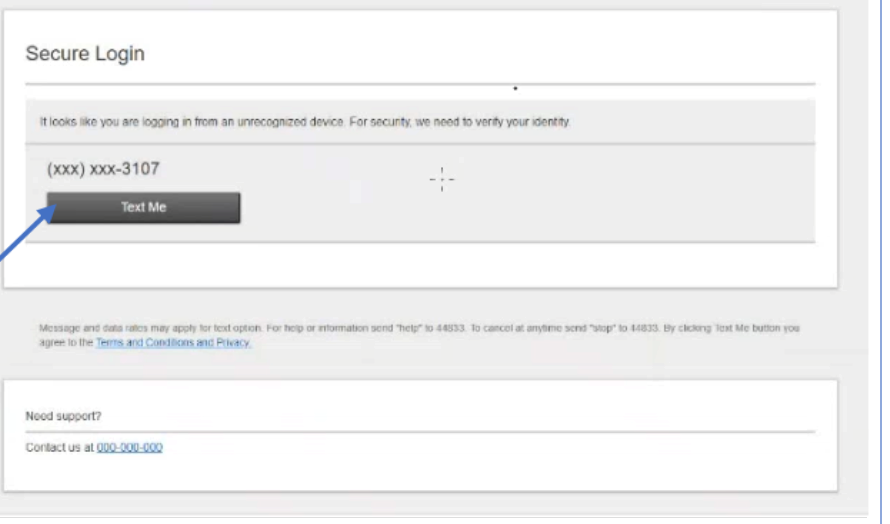 Secure Login screen with the Text Me button