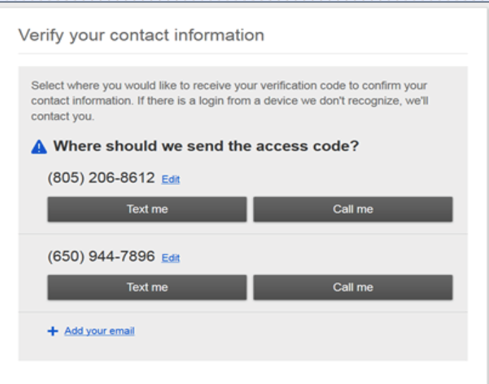 Verify your contact information screen with Text me and Call me options