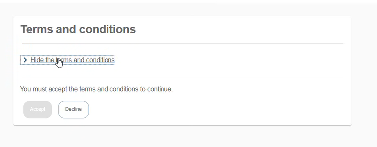 Terms and conditions screen with Accept and Decline buttons
