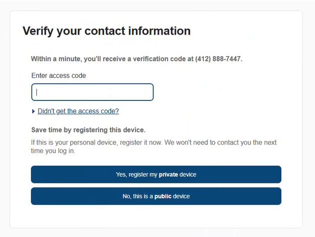 Screen for entering the access code, with options to register a private or public device