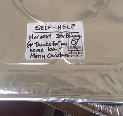 dish of food with kind thank-you note