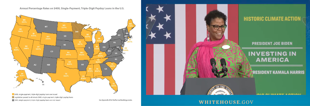 a map of the United States of America that shows predatory lending rates on the left, and a photo of a woman behind a pulpit speaking at an event on the right