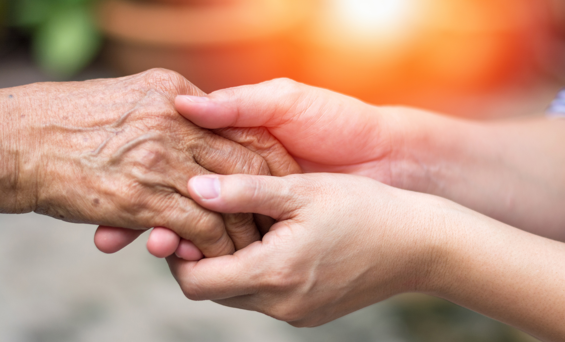 younger individual's hands holding an elderly individual's hand