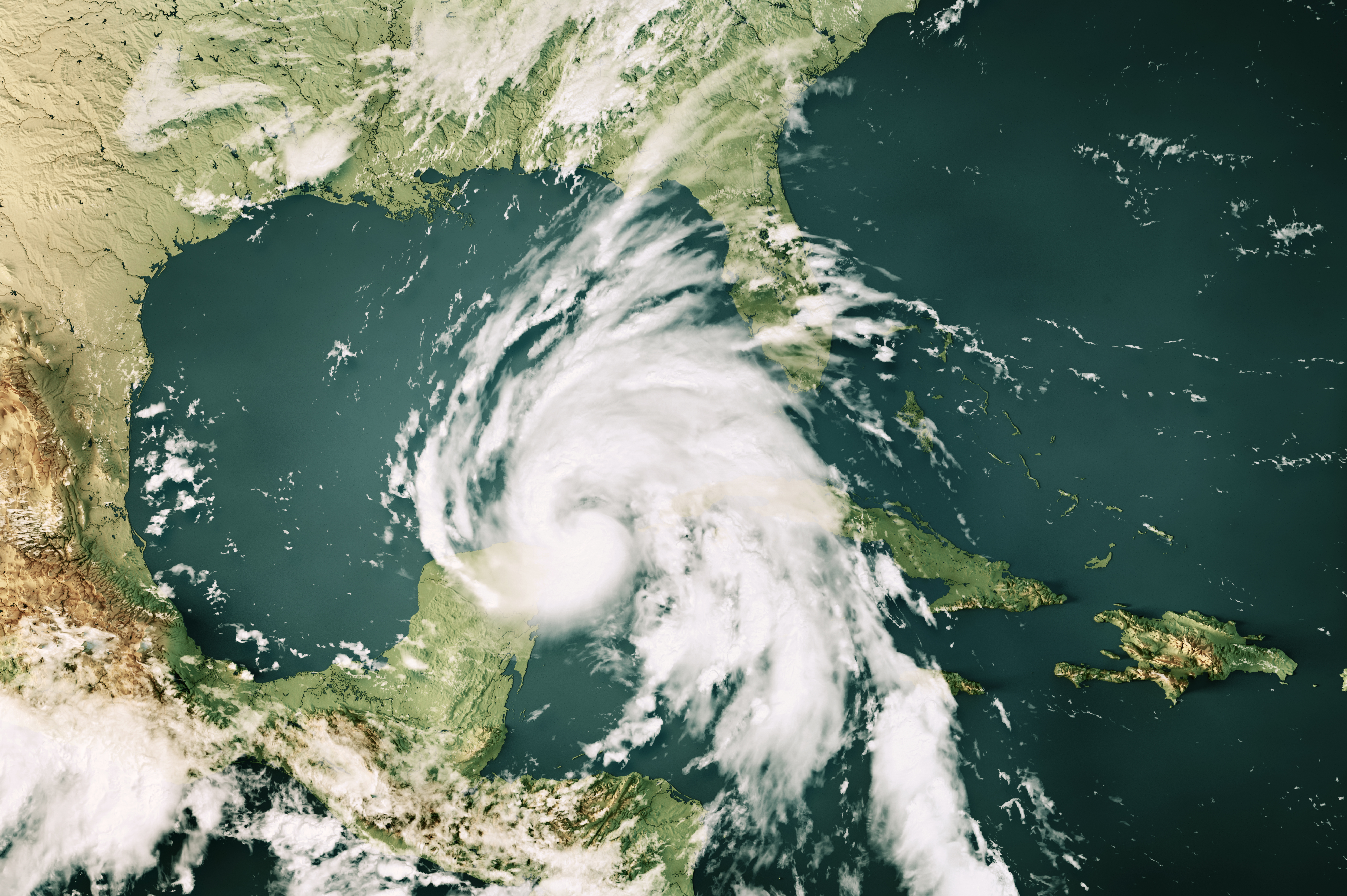 3D Render of a Topographic Map of the Caribbean Sea with the clouds from September 25, 2024. Category 4 Major Hurricane Helene northeast of the Yucatán peninsula heading to the north.