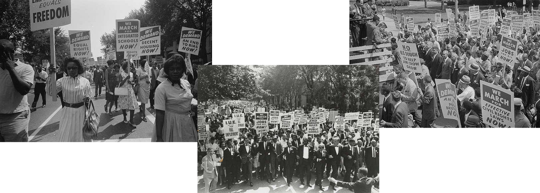 Collage of three different images from the March on Washington for Jobs and Freedom in 1963