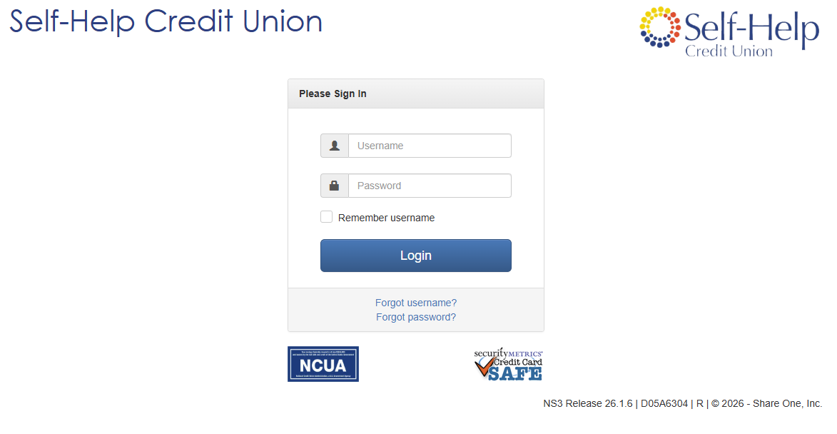 Self-Help Credit Union login screen